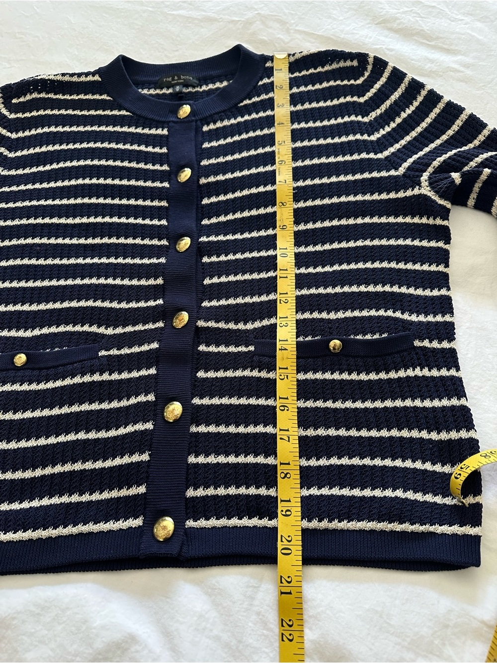 rag & bone Navy and White Striped Gold-Button Cardigan, size medium - Picture 10 of 14